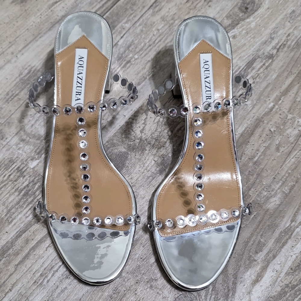Aquazzura Sandals Tequila Crystal (Reconditioned) Blingy Block Heel Size 12 - Picture 1 of 14